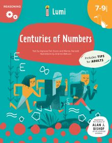 Book cover of Centuries of Numbers: Reasoning, with three characters running one after the other. Published by White Star.