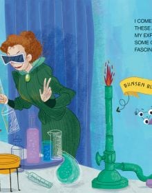 Book cover of Marie Curie and Her Energetic Discovery, Mini Genius, with a woman with ginger hair tied up in a bun, wearing a long green dress, and holding glass flask. Published by White Star.