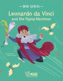 Man with large grey beard, in wine coloured robes, on green cover of 'Leonardo da Vinci and the Flying Machines, Mini Genius', by White Star.