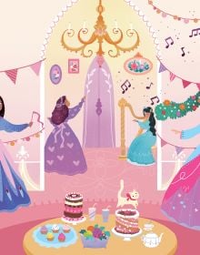 Book cover of Glittery Princesses: Sticker Book, with a princess in long blue dress, with long purple hair, and a pink castle behind. Published by White Star.