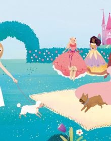 Book cover of Glittery Princesses: Sticker Book, with a princess in long blue dress, with long purple hair, and a pink castle behind. Published by White Star.