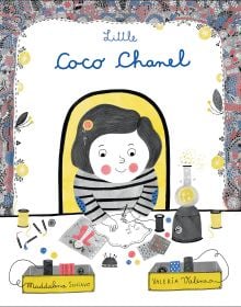 Book cover of Little Coco Chanel, with a young fashion designer sewing at a desk. Published by White Star.