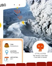 Book cover of The Top Ten: Most Dangerous Volcanoes, with an erupting volcano spewing out orange lava. Published by White Star.