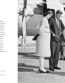 Book cover of Jackie, Life and Style of Jaqueline Kennedy Onassis, with the Former First Lady of the United State wearing a checked dress, sitting on cushioned recliner. Published by White Star.