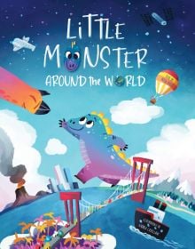 Book cover of Little Monster Around the World, with a blue dinosaur with yellow spines running across the earth. Published by White Star.