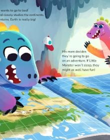 Book cover of Little Monster Around the World, with a blue dinosaur with yellow spines running across the earth. Published by White Star.