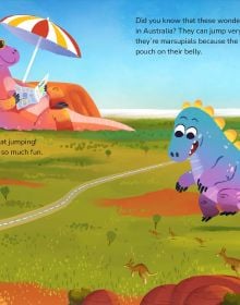 Book cover of Little Monster Around the World, with a blue dinosaur with yellow spines running across the earth. Published by White Star.