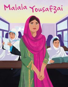 Book cover of Malala Yousafzai from the Genius series, with young girl in green dress and pink headscarf, standing at front of classroom. Published by White Star.