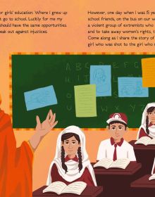 Book cover of Malala Yousafzai from the Genius series, with young girl in green dress and pink headscarf, standing at front of classroom. Published by White Star.