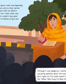 Book cover of Malala Yousafzai from the Genius series, with young girl in green dress and pink headscarf, standing at front of classroom. Published by White Star.