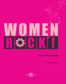 Bright pink cover of Women Rock! Portraits in Popular Music, with tiny bell flowers. Published by White Star.