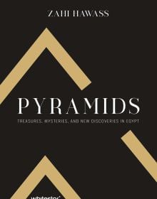 Black book cover of Pyramids: Treasures, Mysteries, and new Discoveries in Egypt, with gold pyramid shapes. Published by White Star.