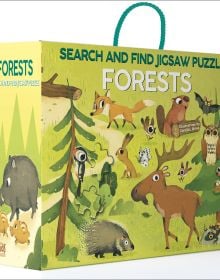 Activity box with rope handle of Forests: Search and Find Jigsaw Puzzle, featuring a forest scene with a moose, bat, owl, fox, rabbit, and others. Published by White Star.