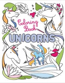 Book cover Unicorns, Coloring Book, with four unicorns in different poses. Published by White Star.