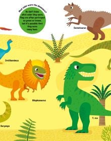 Large white board book of My Huge Book of Dinosaurs, with a collection of prehistoric beasts with scales, sharp teeth and long tails. Published by White Star.