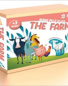 Activity box of The Farm, with farmyard animals: cow, donkey, horse, pig, rooster and goat. Published by White Star.