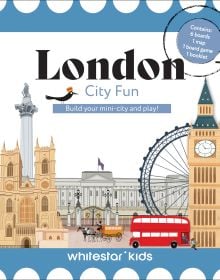 Activity box of London City Fun: Build your mini-city and play!, with the London Eye, Elizabeth Tower, and Westminster Cathedral. Published by White Star.