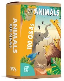 Box of Animals: 100 Q&As, featuring wild animals: an elephant, lion, giraffe, parrot, crab and tiger. Published by White Star.