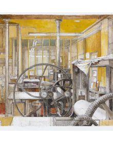 Book cover of In the Atelier: Erik Desmazieres Printmaker Rene Taze Printer, An Artistic collaboration 1978-2018, featuring a painting of printing press in art studio. Published by 5 Continents Editions.