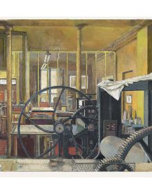 Book cover of In the Atelier: Erik Desmazieres Printmaker Rene Taze Printer, An Artistic collaboration 1978-2018, featuring a painting of printing press in art studio. Published by 5 Continents Editions.