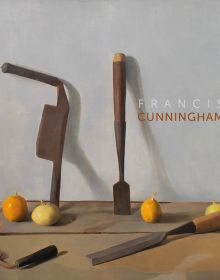 Book cover of Francis Cunningham, featuring a painting of four orange and yellow fruits alongside wooden handled tools including chisel. Published by 6 Continents Editions.