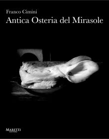Book cover of Franco Cimini: Antica Osteria del Mirasole, with the face of a pig on a plate. Published by Manfredi Edizioni.