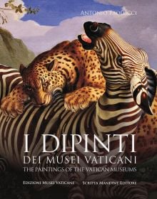 Book cover of The Paintings of the Vatican Museums, with a close up of painting titled A leopard attacks a zebra by Wenzel Peter. Published by Scripta Maneant Editori.