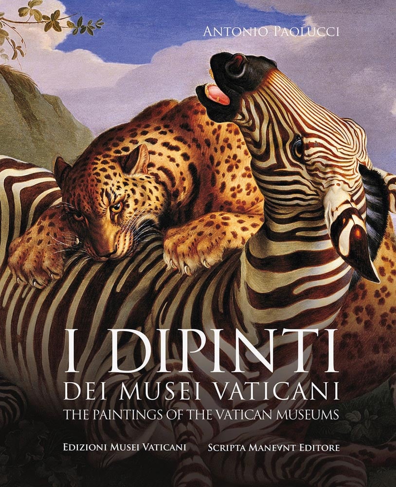 Book cover of The Paintings of the Vatican Museums, with a close up of painting titled A leopard attacks a zebra by Wenzel Peter. Published by Scripta Maneant Editori.