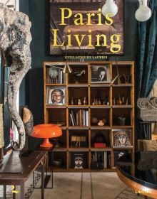 Book cover of Paris Living, featuring an interior living room with wooden box shelving.