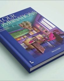 Book cover of Colour Combinations: Tips, tricks & moodboards, featuring a bold, colourful interior with pink chairs and a green ceiling. Published by Lannoo Publishers.