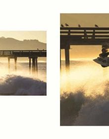 Book cover of Chris Burkard's High Tide, A Surf Odyssey, with cold-water surfer Josh Mulcoy surfing in front of Mount Vsevidof in the Aleutian Islands. Published by Lannoo Publishers.