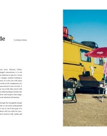 Book cover of Van Life: Culture, Vehicles, People, Places, with white and green camper van parked by the seaside, figure looking out to sea. Published by Lannoo Publishers.