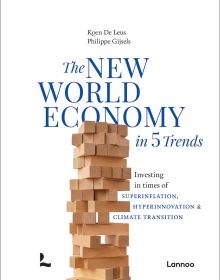 White book cover of The New World Economy in 5 Trends: Investing in times of superinflation, hyperinnovation & climate transition, with a stack of Jenga bricks. Published by Lannoo Publishers.