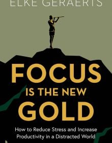 Book cover of Focus is the New Gold: How to Reduce Stress and Increase Productivity in a Distracted World, with a figure standing on top of mountain, playing a long instrument. Published by Lannoo Publishers.