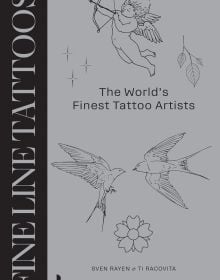 Book cover of Fine Line Tattoos: The World’s Finest Tattoo Artists, with tattoos of swallows and an angel with a bow and arrow. Published by Lannoo Publishers.