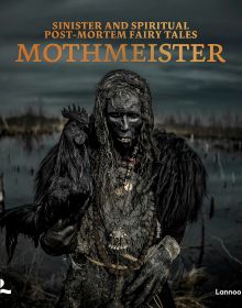 Book cover of Mothmeister: Sinister and Spiritual Post-Mortem Fairy Tales, featuring a dark figure with a black cockerel. Published by Lannoo Publishers.