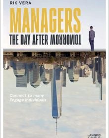 Upside-down view of New York City skyline, on cover of 'Managers the Day After Tomorrow, Connect to Many, Engage Individuals', by Lannoo Publishers.