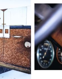 Old unrestored classic car with light blue panels on white cover of 'Mahy. A Family of Cars, The Tranquil Beauty of Unique Classic Cars', by Lannoo Publishers.