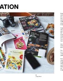 Montage of food dishes: pizza, cake, salad bowl and fig, on grey cover of 'Food Photos & Styling, Creating Fabulous Food Photos with Your Camera or Smartphone', by Lannoo Publishers.