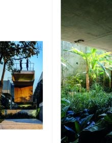 Relaxing exterior space with small pool surrounded by green exotic palm trees, on cover of 'Botanical Buildings, When Plants Meet Architecture', by Lannoo Publishers.