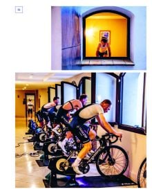 Montage of action shots of Belgian cycling team inside wolf outline, on blue cover of 'The Wolfpack Way, Winning is an Attitude. And Hard Work', by Lannoo Publishers.