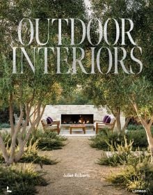 Book cover of Outdoor Interiors, with an outside seating area of Tehama 1 House in California, with fireplace. Published by Lannoo Publishers.