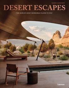 Book cover of Desert Escapes, with sun-loungers looking across a desert landscape, under a canvas canopy. Published by Lannoo Publishers.