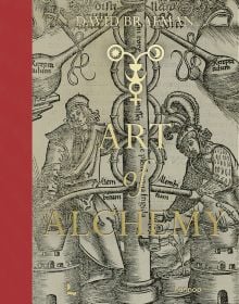 Book cover of Art of Alchemy, From the Middle Ages to Modern Times, with two medieval alchemists practicing with science equipment. Published by Lannoo Publishers.