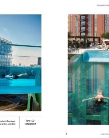 Book cover of Stefanie Waldek's Swimming Pools: The World's Best, with a swimming pool with diving board; sunset behind. Published by Lannoo Publishers.