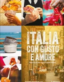 Book cover of Annette Canini Daems' Italia con gusto e amore: Road Trip to the Roots of Italian cuisine, with street food, and red chilies. Published by Lannoo Publishers.