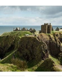 Aberdeenshire coastline with yellow gorse, houses near sea, on cover of 'Hidden Scotland', by Luster Publishing.