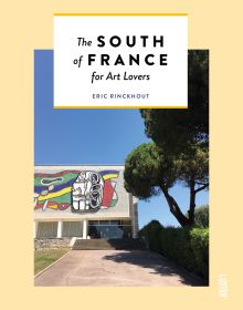 Graffitied building with cypress cloud tree, on pale yellow cover of 'The South of France for Art Lovers', by Luster Publishing.