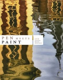 Book cover of Pen Meets Paint, 200 Years Mauritshuis, 200 Writers, 200 Paintings, with a reflection of historical building in river. Published by Waanders Publishers.