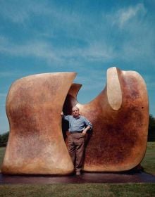 Book cover of Henry Moore: Form and Material, with the artist holding his hands palm-face up to the camera. Published by Waanders Publishers.